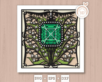 May Shadow Box 3D SVG Birth Month Emerald Gemstone with Lily Of The Valley Flowers, Tattoo Style, Cricut Silhouette With DXF Cutting Files