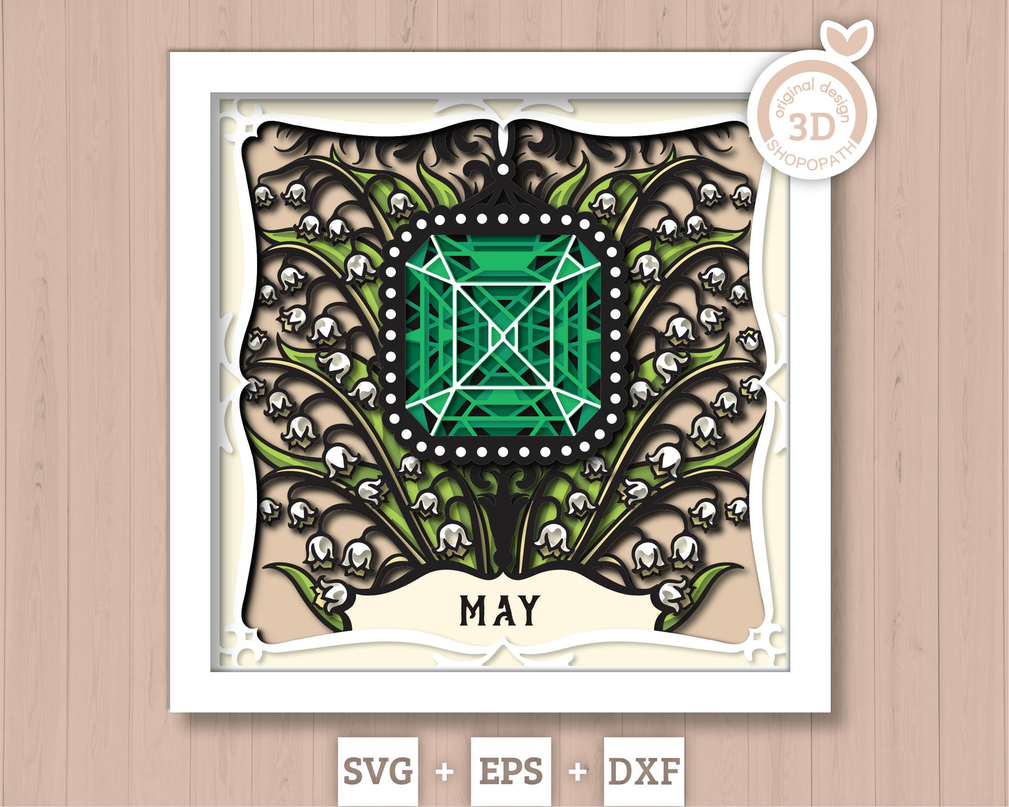 May Shadow Box 3D SVG Birth Month Emerald Gemstone with Lily Of The Valley Flowers, Tattoo Style, Cricut Silhouette With DXF Cutting Files