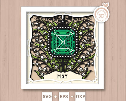 May Shadow Box 3D SVG Birth Month Emerald Gemstone with Lily Of The Valley Flowers, Tattoo Style, Cricut Silhouette With DXF Cutting Files