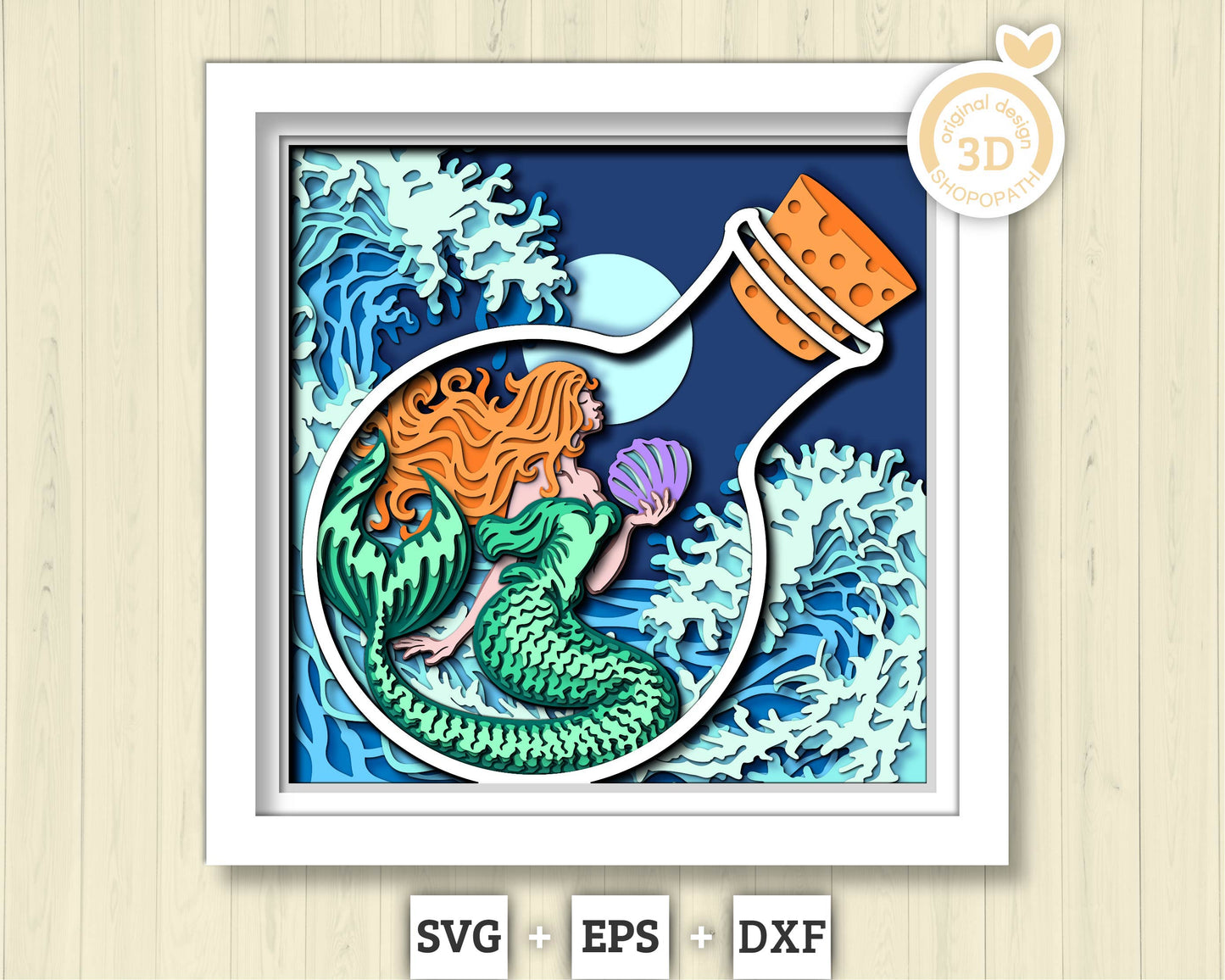 3D SVG Mermaid In Bottle Shadow Box, Mermaid 3D Svg, Waves 3d Svg, Sea 3D svg, Summer 3d Svg, Mermaid Shadow Box 3D Svg, Cricut Silhouette