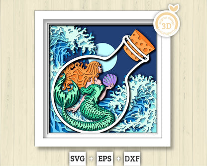 3D SVG Mermaid In Bottle Shadow Box, Mermaid 3D Svg, Waves 3d Svg, Sea 3D svg, Summer 3d Svg, Mermaid Shadow Box 3D Svg, Cricut Silhouette