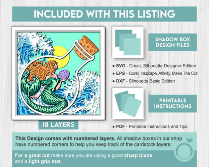 3D SVG Mermaid In Bottle Shadow Box, Mermaid 3D Svg, Waves 3d Svg, Sea 3D svg, Summer 3d Svg, Mermaid Shadow Box 3D Svg, Cricut Silhouette
