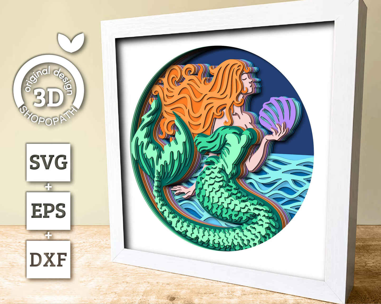 3D SVG Mermaid On Waves Shadow Box, Mermaid 3D Svg, Waves 3d Svg, Sea 3D svg, Summer 3d Svg, Mermaid Shadow Box 3D Svg, Cricut Silhouette