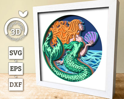 3D SVG Mermaid On Waves Shadow Box, Mermaid 3D Svg, Waves 3d Svg, Sea 3D svg, Summer 3d Svg, Mermaid Shadow Box 3D Svg, Cricut Silhouette