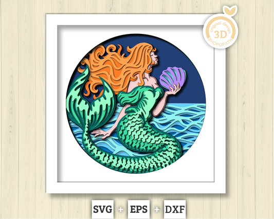 3D SVG Mermaid On Waves Shadow Box, Mermaid 3D Svg, Waves 3d Svg, Sea 3D svg, Summer 3d Svg, Mermaid Shadow Box 3D Svg, Cricut Silhouette