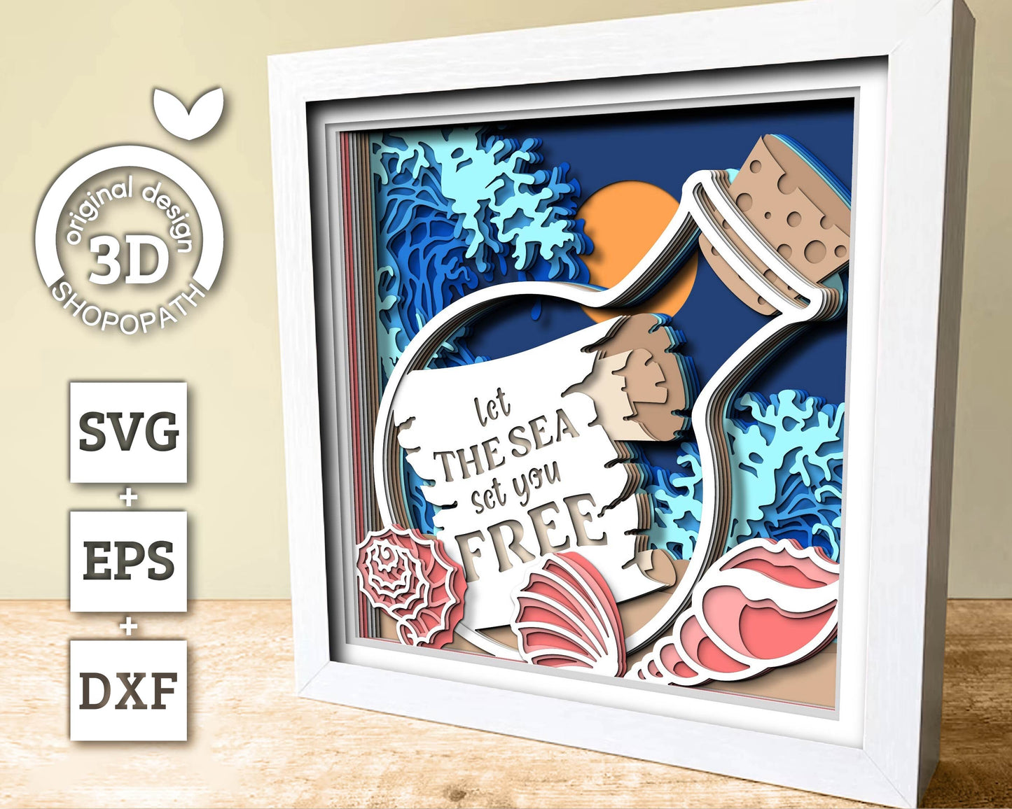 3D SVG Message In Bottle Shadow Box, Scroll 3D Svg, Waves 3d Svg, Sea 3D svg, Summer 3d Svg, Paper Scroll Shadow Box Svg Cricut Silhouette