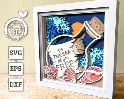 3D SVG Message In Bottle Shadow Box, Scroll 3D Svg, Waves 3d Svg, Sea 3D svg, Summer 3d Svg, Paper Scroll Shadow Box Svg Cricut Silhouette