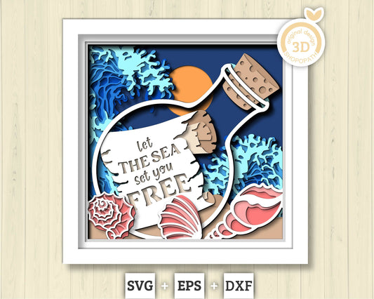 3D SVG Message In Bottle Shadow Box, Scroll 3D Svg, Waves 3d Svg, Sea 3D svg, Summer 3d Svg, Paper Scroll Shadow Box Svg Cricut Silhouette