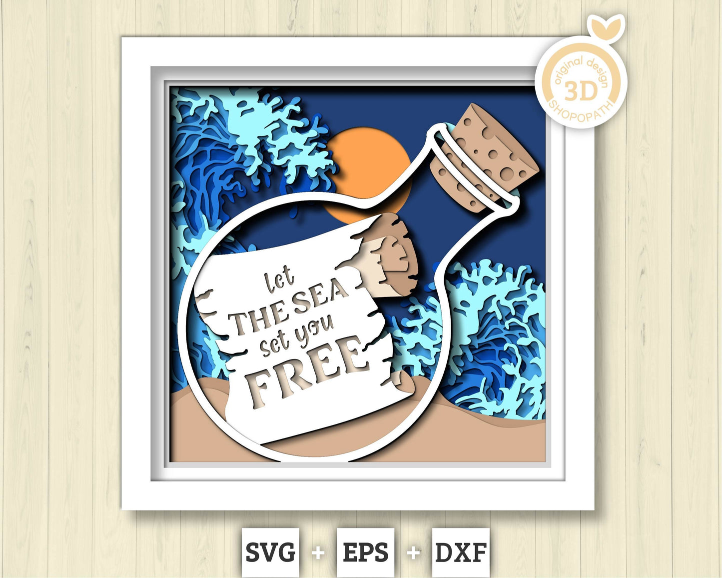 3D SVG Message In Bottle Shadow Box, Scroll 3D Svg, Waves 3d Svg, Sea 3D svg, Summer 3d Svg, Paper Scroll Shadow Box Svg Cricut Silhouette