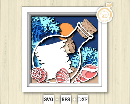 3D SVG Message In Bottle Shadow Box, Scroll 3D Svg, Waves 3d Svg, Sea 3D svg, Summer 3d Svg, Paper Scroll Shadow Box Svg Cricut Silhouette