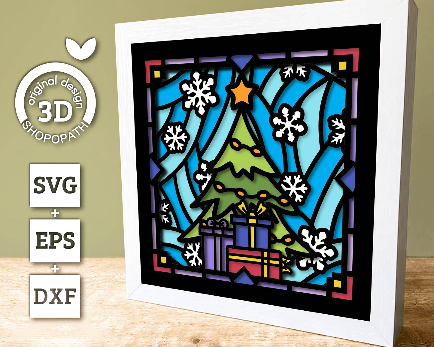 3D SVG Stained Glass Christmas Tree Shadow Box, 3D SVG Christmas, Presents 3D Svg, 3D SVG Snowflakes, Shopopath 3D svg, Cricut Silhouette