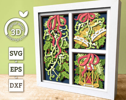 3D SVG Christmas Shadow Box, Layered Mistletoe Shadow Box Svg, Romantic Kiss 3D Svg, Santa Claus 3d Svg Holly svg Cricut Silhouette