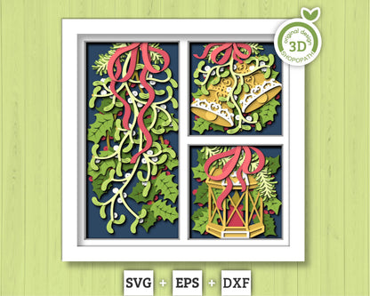3D SVG Christmas Shadow Box, Layered Mistletoe Shadow Box Svg, Romantic Kiss 3D Svg, Santa Claus 3d Svg Holly svg Cricut Silhouette