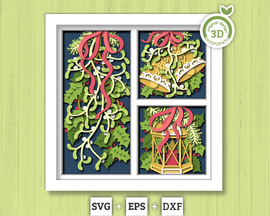 3D SVG Christmas Shadow Box, Layered Mistletoe Shadow Box Svg, Romantic Kiss 3D Svg, Santa Claus 3d Svg Holly svg Cricut Silhouette