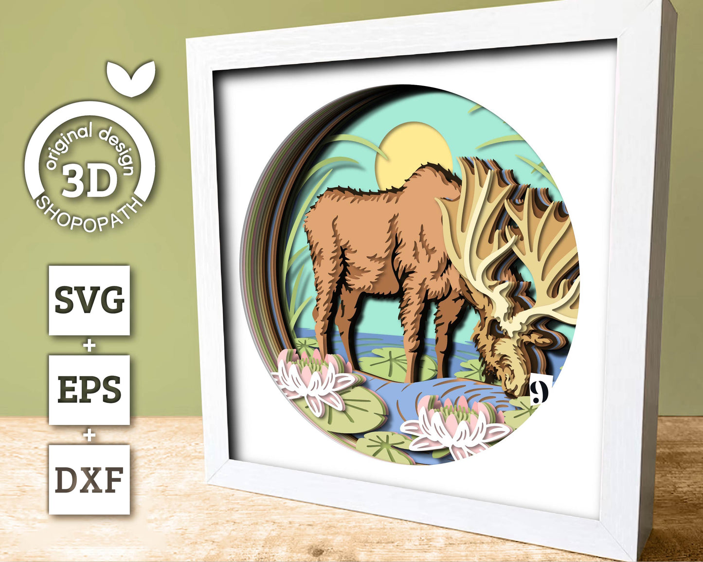 3D SVG Moose Drinking Water From Pond Shadow Box SVG, Summer 3d svg, Moose 3d Svg, Nature 3D SVG, Lily Pond 3d svg, Cricut Silhouette