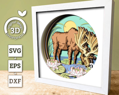 3D SVG Moose Drinking Water From Pond Shadow Box SVG, Summer 3d svg, Moose 3d Svg, Nature 3D SVG, Lily Pond 3d svg, Cricut Silhouette