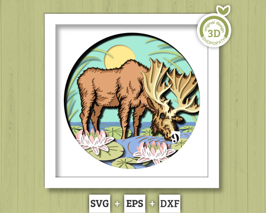 3D SVG Moose Drinking Water From Pond Shadow Box SVG, Summer 3d svg, Moose 3d Svg, Nature 3D SVG, Lily Pond 3d svg, Cricut Silhouette