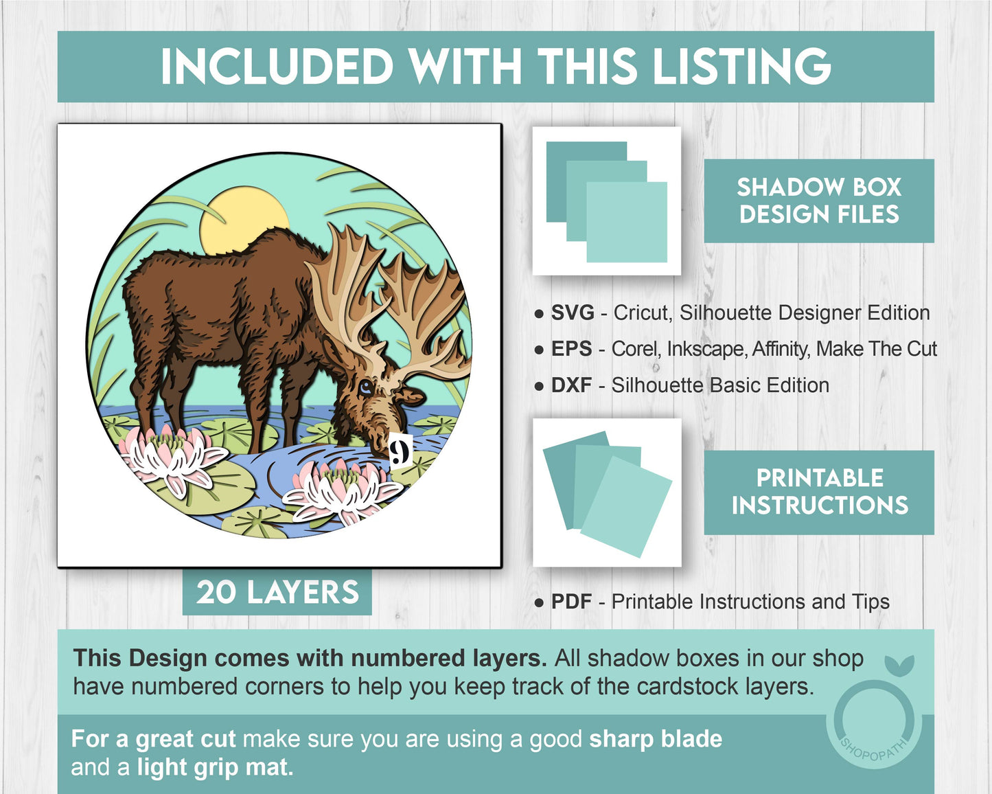 3D SVG Moose Drinking Water From Pond Shadow Box SVG, Summer 3d svg, Moose 3d Svg, Nature 3D SVG, Lily Pond 3d svg, Cricut Silhouette
