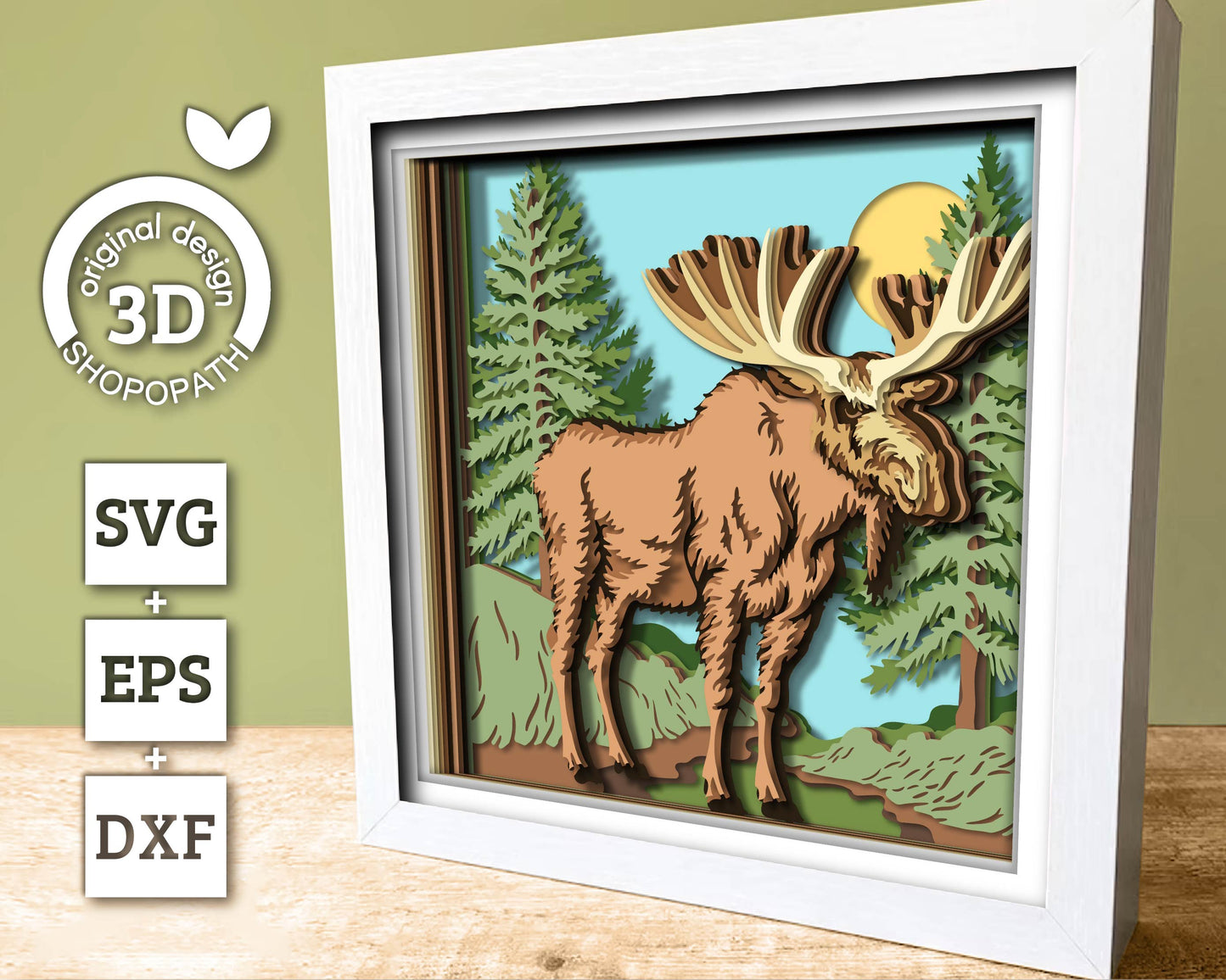 3D Moose Standing In Forest Shadow Box SVG, 3D Summer SVG, 3D Moose Svg, Nature 3D SVG, Pine Trees 3d svg, Forest 3d svg, Cricut Silhouette