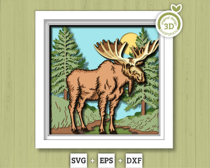 3D Moose Standing In Forest Shadow Box SVG, 3D Summer SVG, 3D Moose Svg, Nature 3D SVG, Pine Trees 3d svg, Forest 3d svg, Cricut Silhouette