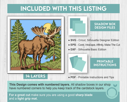 3D Moose Standing In Forest Shadow Box SVG, 3D Summer SVG, 3D Moose Svg, Nature 3D SVG, Pine Trees 3d svg, Forest 3d svg, Cricut Silhouette