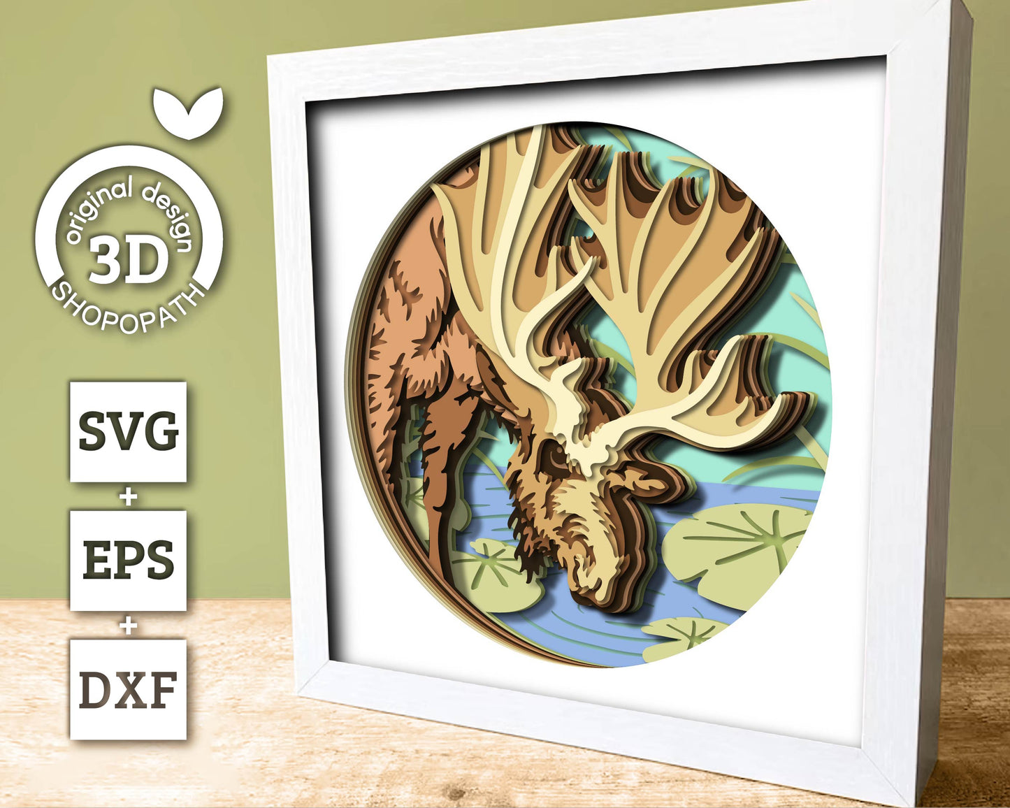 3D SVG Moose Drinking Water From Lily Pond Shadow Box SVG, Summer 3d svg, Moose 3d Svg,  Lily Pond 3d svg, Nature 3D SVG, Cricut Silhouette