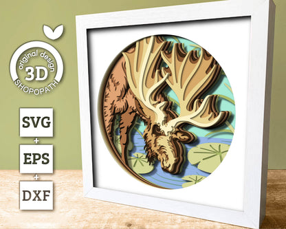 3D SVG Moose Drinking Water From Lily Pond Shadow Box SVG, Summer 3d svg, Moose 3d Svg,  Lily Pond 3d svg, Nature 3D SVG, Cricut Silhouette