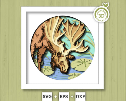 3D SVG Moose Drinking Water From Lily Pond Shadow Box SVG, Summer 3d svg, Moose 3d Svg,  Lily Pond 3d svg, Nature 3D SVG, Cricut Silhouette