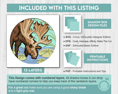 3D SVG Moose Drinking Water From Lily Pond Shadow Box SVG, Summer 3d svg, Moose 3d Svg,  Lily Pond 3d svg, Nature 3D SVG, Cricut Silhouette