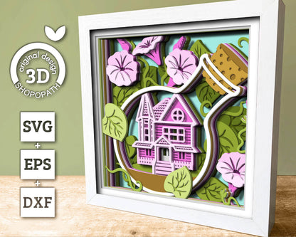 3D SVG Morning Glory Flowers With Terrarium House Shadow Box, 3D Summer SVG, Morning Glory 3D SVG, Layered Flowers 3d Svg, Cricut Silhouette