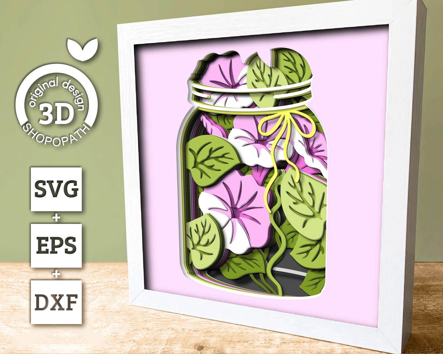 3D SVG Morning Glory Flowers In Jar Shadow Box, 3D Summer SVG, Morning Glory 3D SVG, Layered Flower 3d Svg, Flowers 3D Svg Cricut Silhouette