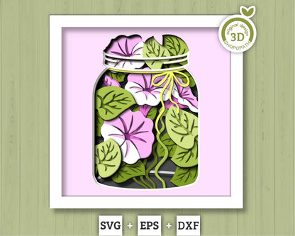 3D SVG Morning Glory Flowers In Jar Shadow Box, 3D Summer SVG, Morning Glory 3D SVG, Layered Flower 3d Svg, Flowers 3D Svg Cricut Silhouette