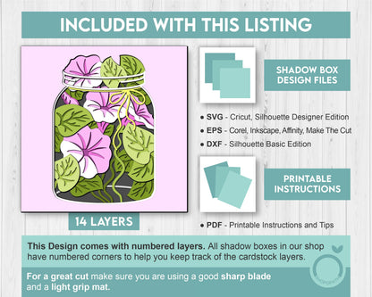 3D SVG Morning Glory Flowers In Jar Shadow Box, 3D Summer SVG, Morning Glory 3D SVG, Layered Flower 3d Svg, Flowers 3D Svg Cricut Silhouette