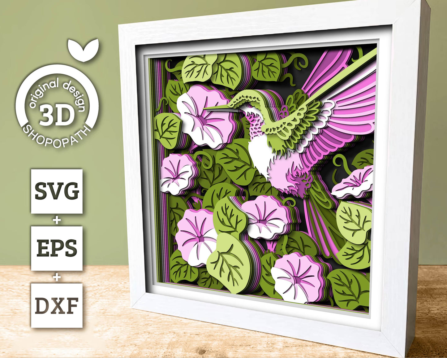 Morning Glory Flowers with Hummingbird - 3D Shadow Box Layered SVG DXF EPS (Cutting Files)