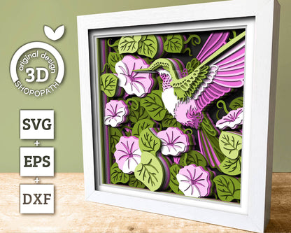 Morning Glory Flowers with Hummingbird - 3D Shadow Box Layered SVG DXF EPS (Cutting Files)