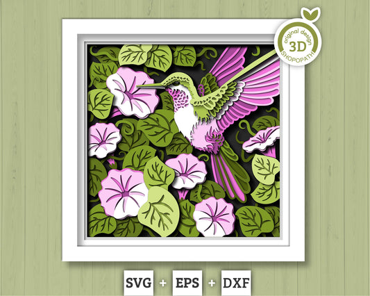 Morning Glory Flowers with Hummingbird - 3D Shadow Box Layered SVG DXF EPS (Cutting Files)