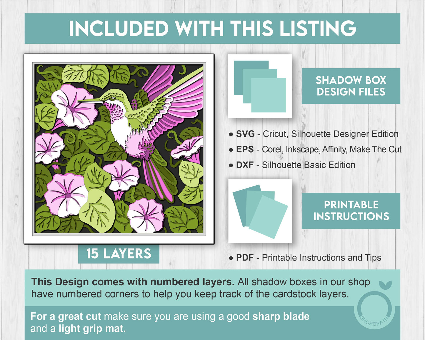 Morning Glory Flowers with Hummingbird - 3D Shadow Box Layered SVG DXF EPS (Cutting Files)