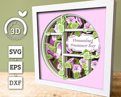 3D SVG Hummingbird With Morning Glory Flowers Shadow Box, 3D Humming Bird SVG, Layered Heart 3d Svg, 3D Summer SVG, Cricut Silhouette