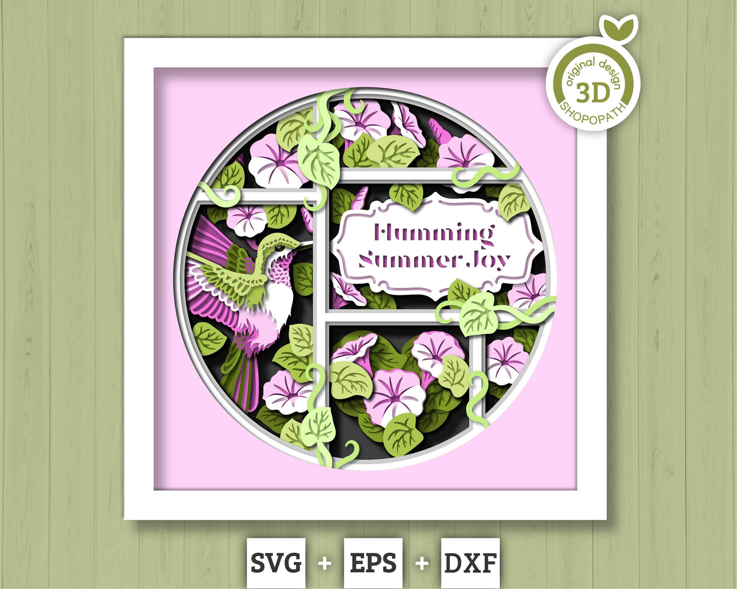 3D SVG Hummingbird With Morning Glory Flowers Shadow Box, 3D Humming Bird SVG, Layered Heart 3d Svg, 3D Summer SVG, Cricut Silhouette