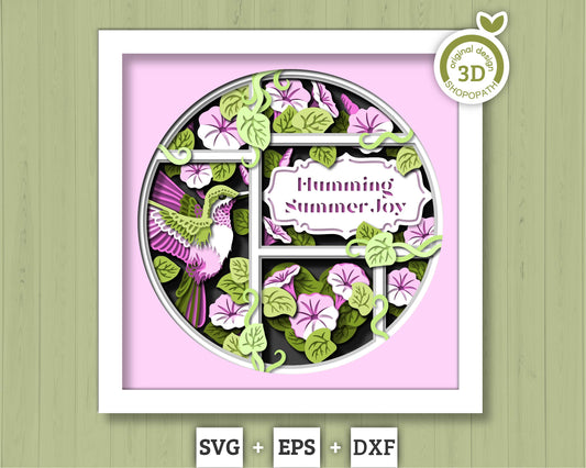 3D SVG Hummingbird With Morning Glory Flowers Shadow Box, 3D Humming Bird SVG, Layered Heart 3d Svg, 3D Summer SVG, Cricut Silhouette