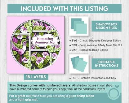 3D SVG Hummingbird With Morning Glory Flowers Shadow Box, 3D Humming Bird SVG, Layered Heart 3d Svg, 3D Summer SVG, Cricut Silhouette