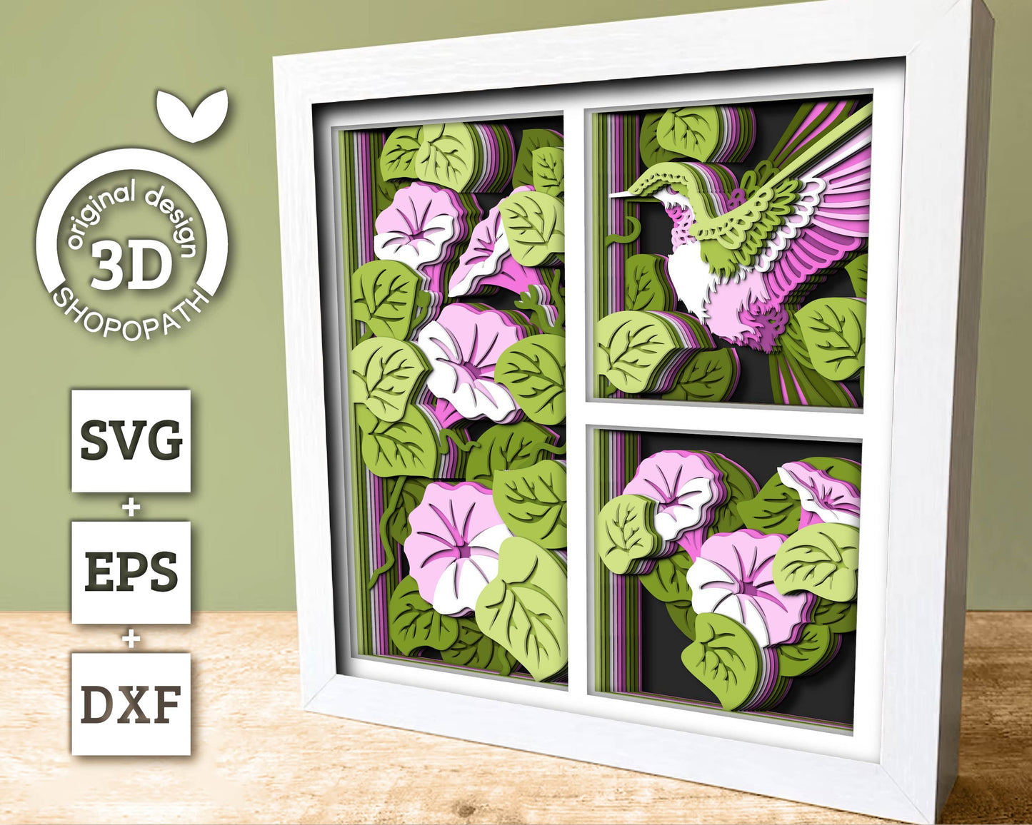 Hummingbird with Morning Glory Panels - 3D Shadow Box Layered SVG DXF EPS (Cutting Files)