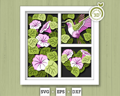 Hummingbird with Morning Glory Panels - 3D Shadow Box Layered SVG DXF EPS (Cutting Files)