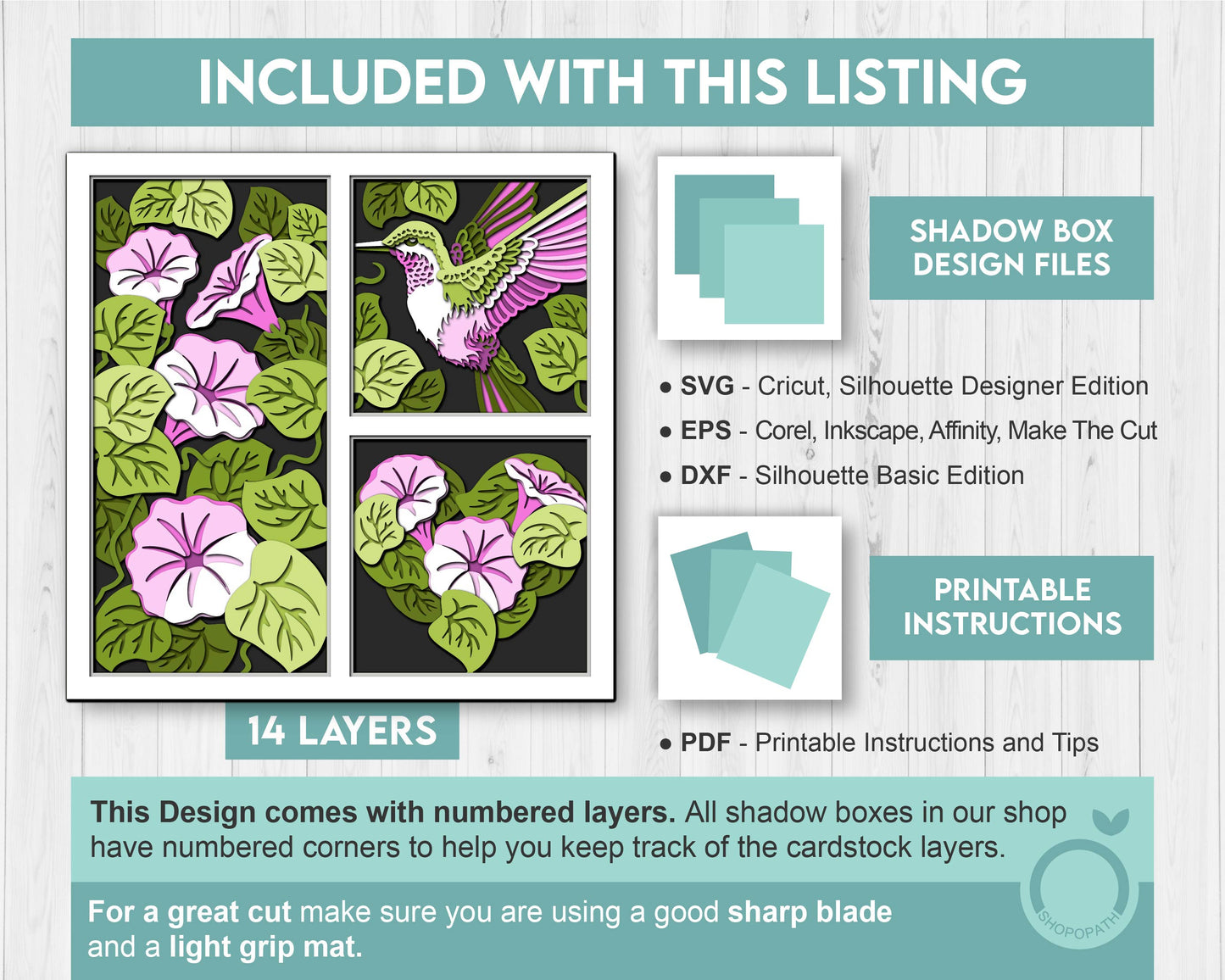 Hummingbird with Morning Glory Panels - 3D Shadow Box Layered SVG DXF EPS (Cutting Files)