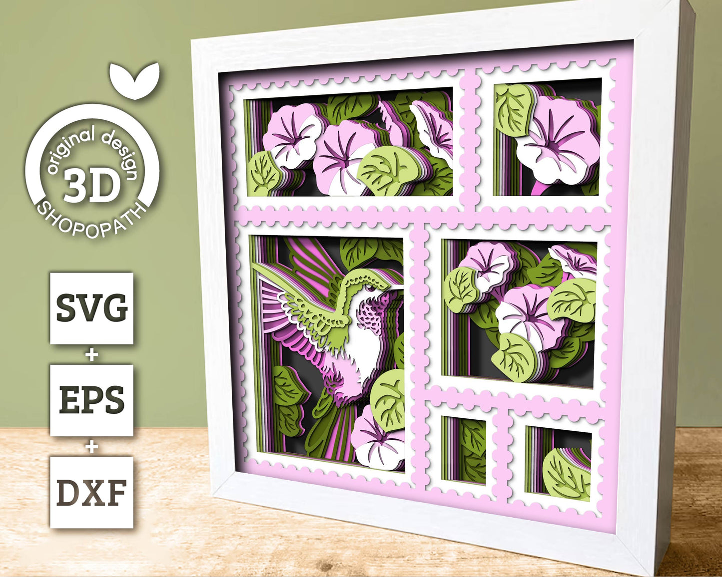 3D SVG Hummingbird With Morning Glory Flowers Shadow Box, 3D Summer SVG, 3D Humming Bird SVG, Stamps Frame 3d Svg, Cricut Silhouette