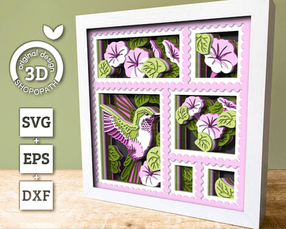3D SVG Hummingbird With Morning Glory Flowers Shadow Box, 3D Summer SVG, 3D Humming Bird SVG, Stamps Frame 3d Svg, Cricut Silhouette