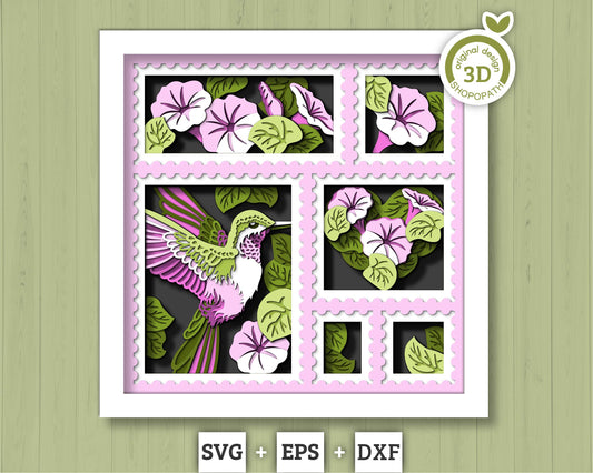 3D SVG Hummingbird With Morning Glory Flowers Shadow Box, 3D Summer SVG, 3D Humming Bird SVG, Stamps Frame 3d Svg, Cricut Silhouette