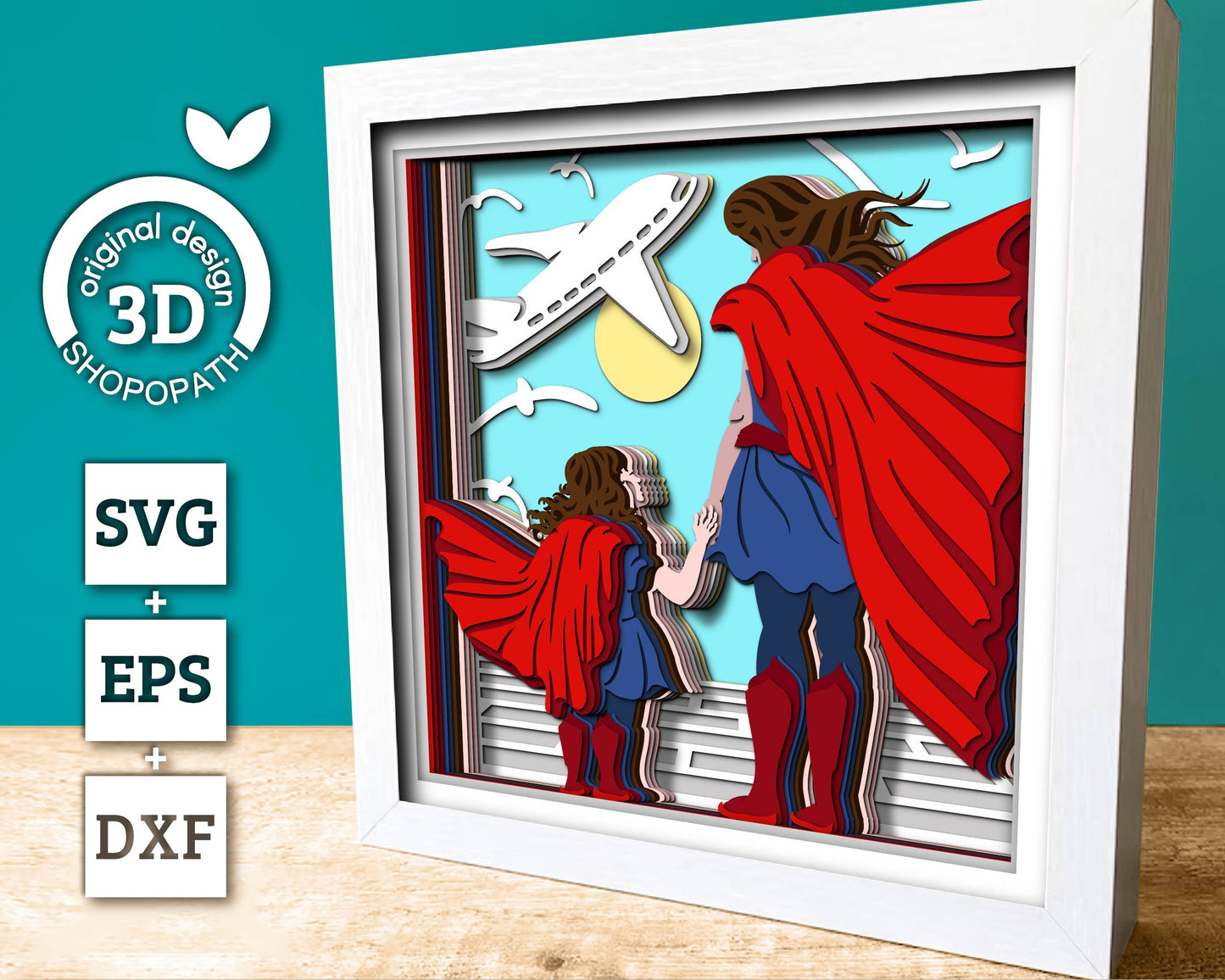 Superhero Mother and Daughter - 3D Shadow Box Layered SVG DXF EPS (Cutting Files)