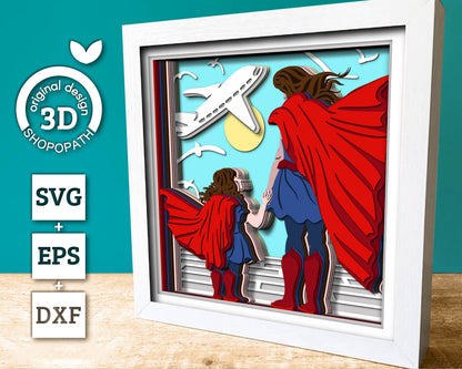 Superhero Mother and Daughter - 3D Shadow Box Layered SVG DXF EPS (Cutting Files)