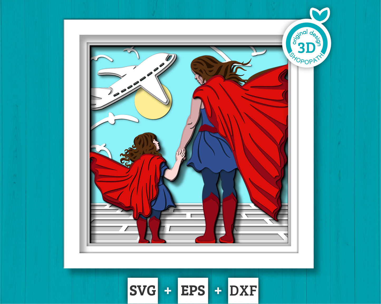 Superhero Mother and Daughter - 3D Shadow Box Layered SVG DXF EPS (Cutting Files)